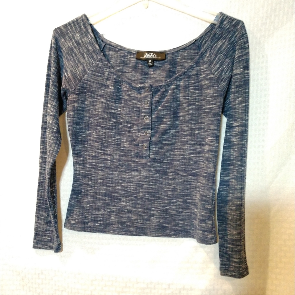 Cute Crop Top Stretch Knit Blue White Heather by Lulus Juniors Medium Chest 32"